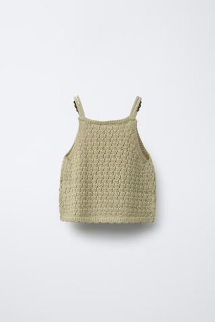 ZARA ТРИКОТАЖНЫЙ ТОП С БУСИНАМИ, СВЕТЛЫЙ ХАКИ