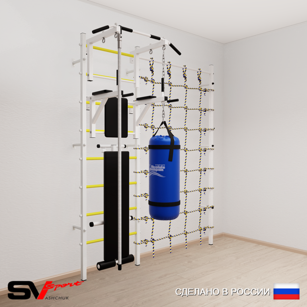 Шведская стенка Sv Sport усиленная 68010 (Турник стандарт/Брусья/Скамья/Канат/Цепь/Мешок 15кг/Канатный лаз)