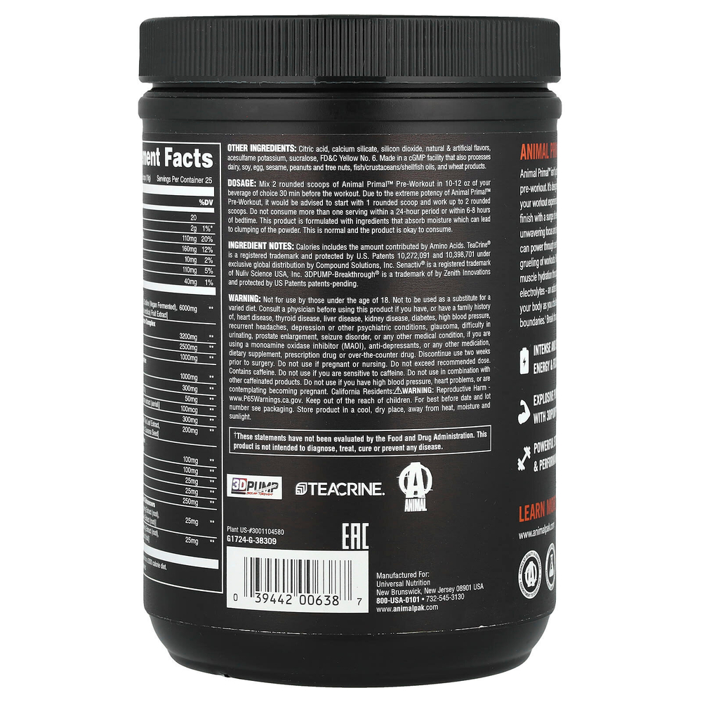 Animal, Порошок Primal ™ перед тренировкой, персиковый, 475 г (1,04 фунта)