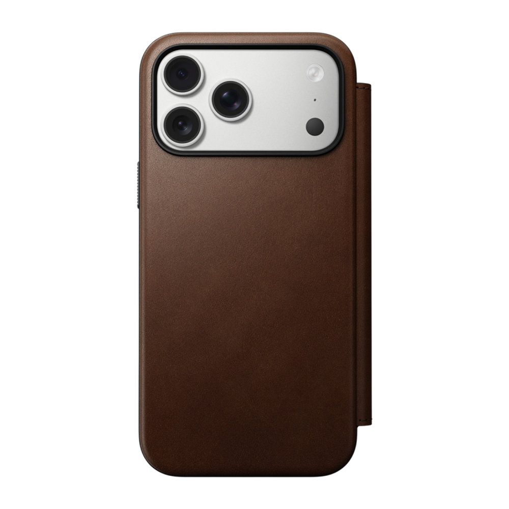 Кожаный чехол-книжка MagSafe Nomad Modern Leather Folio для iPhone 17 Pro Max Гибридный укреплённый чехол из натуральной цельнозерновой кожи с сенсорной накладкой для Контроллера камеры. Есть отделение для купюр и встроенный картхолдер — вмещает до трёх к