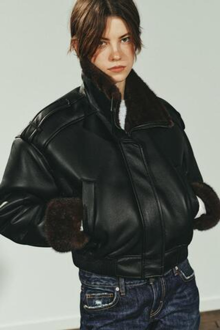 ZARA ДУБЛЕНКА-БОМБЕР ИЗ ИСКУССТВЕННОЙ КОЖИ, ЧЕРНЫЙ