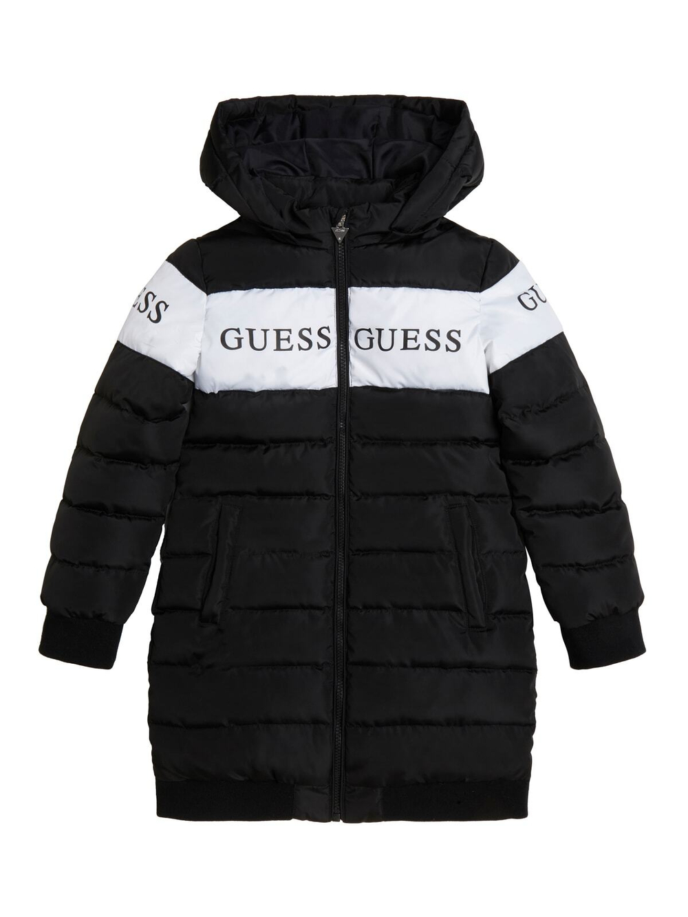 Пальто демисезонное с капюшоном GUESS Черный/Белая вставка с надписями: GUESS Девочка