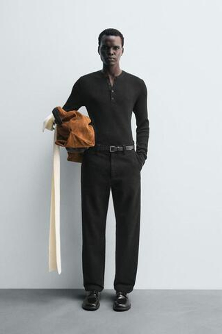 ZARA БРЮКИ STRAIGHT FIT ИЗ РЕЛЬЕФНОЙ ТКАНИ, ЧЕРНЫЙ