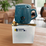 Керамическая кружка с крышкой и ложкой, 9,5*7,7 см, темно-зеленый/серый, 400 мл