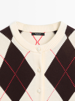 Massimo Dutti Кардиган из хлопка с узором «ромбы», натуральный/кремовый