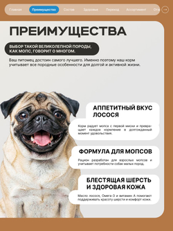 Корм сухой для взрослых собак породы Мопс, с лососем, 3 кг, QUATTRO