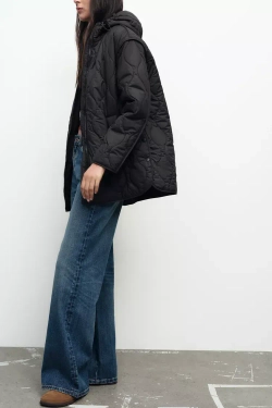 ZARA ПУХОВИК С КАПЮШОНОМ, ЧЕРНЫЙ