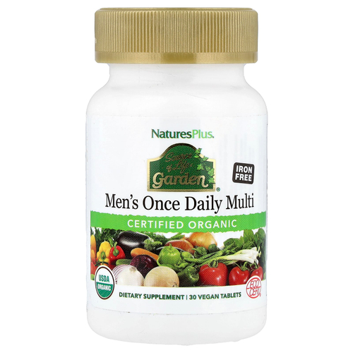 NaturesPlus, Source of Life Garden®, органические мультивитамины для мужчин, одна таблетка в день, без железа, 30 веганских таблеток