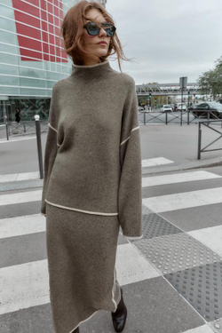 ZARA ТРИКОТАЖНАЯ ЮБКА МИДИ С КОНТРАСТНЫМИ ДЕТАЛЯМИ, СЕРО-КОРИЧНЕВЫЙ