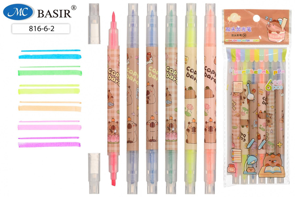 Набор текстовыделителей двусторонних 6 цв. "Капибара" размер маркеры 15 см. (Basir)