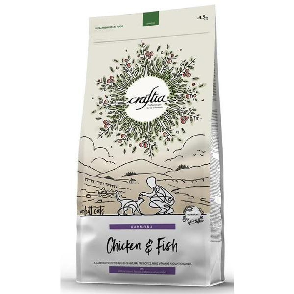 Корм для кошек Craftia Harmona, 4.5 кг, курица и рыба