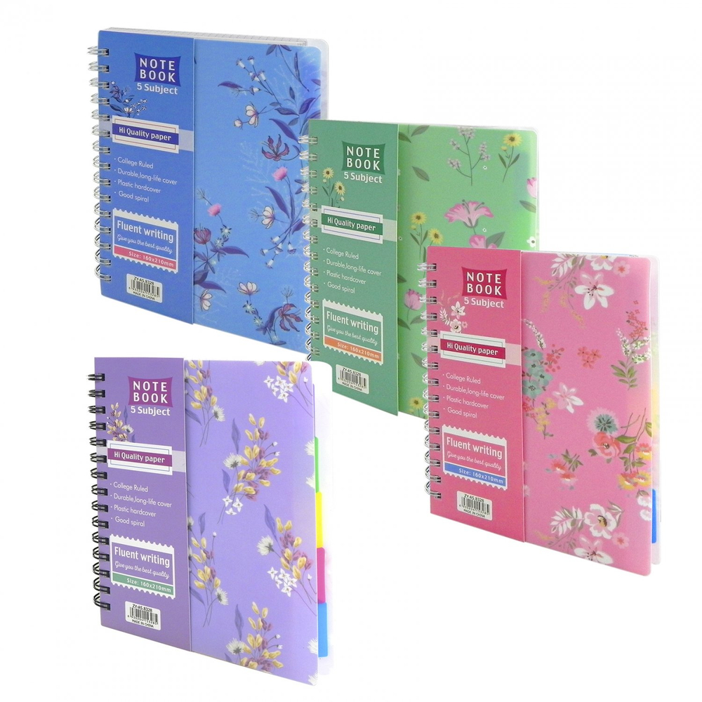 Тетрадь 120л., А5, клетка, Alingar "Flowers", гребень, пластиковая обложка, цветные пластиковые разделители, ассорти 4 цвета