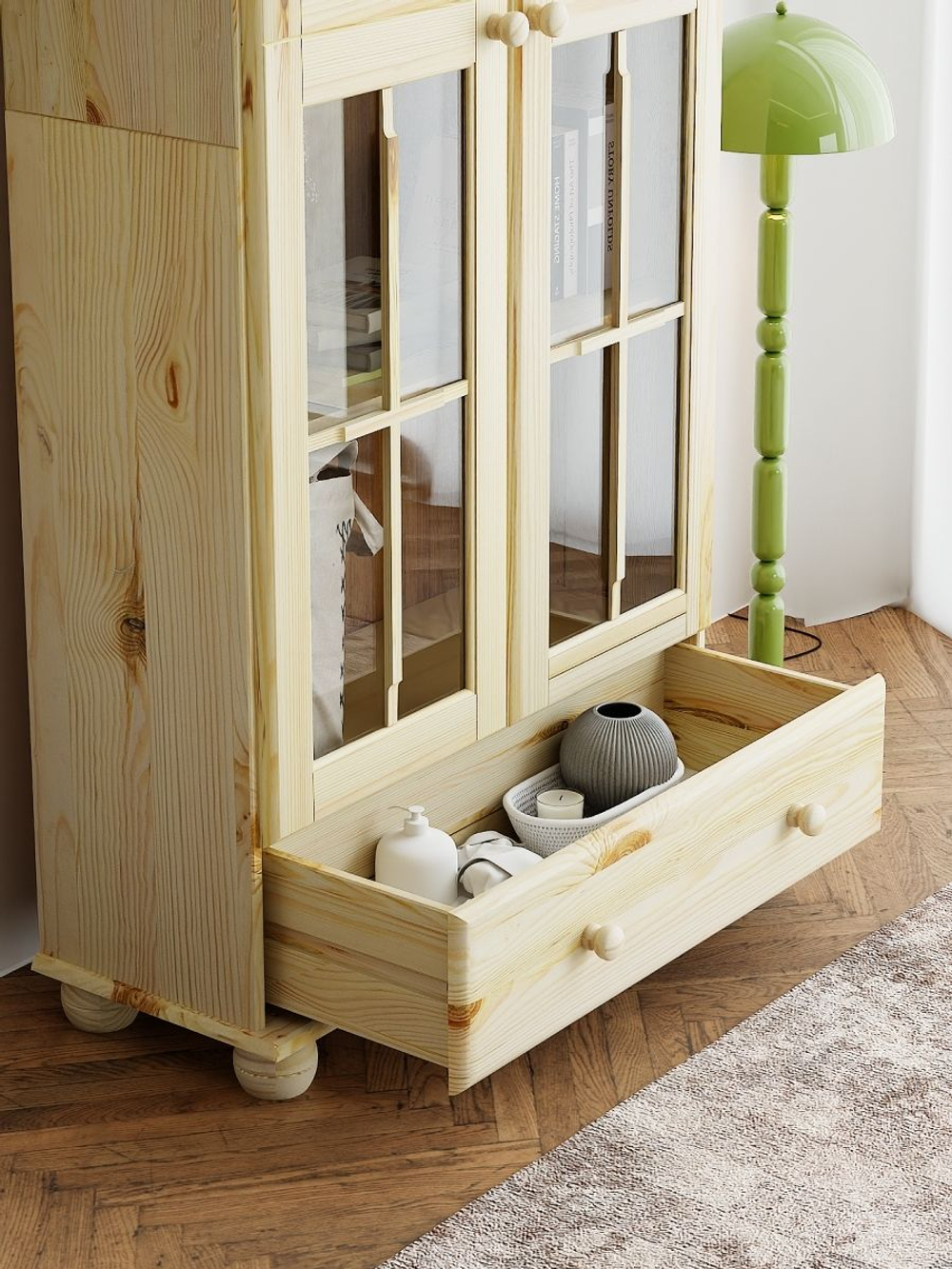 Шкаф-витрина 77х32х186, Бритта, массив сосны БЕЗ ПОКРЫТИЯ (натуральная отделка), двухдверный, Dipriz