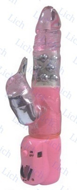 Розовый вибратор-ротатор  LURE COCK  с клиторальным стимулятором
