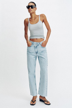 ZARA ДЖИНСЫ Z1975 STRIAGHT С ВЫСОКОЙ ПОСАДКОЙ И ПЕРЕКРЕЩИВАЮЩИМСЯ ПОЯСОМ, ГОЛУБОЙ