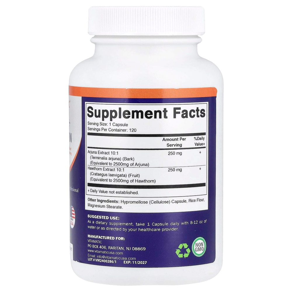 Vitamatic, арджуна и боярышник, 120 растительных капсул
