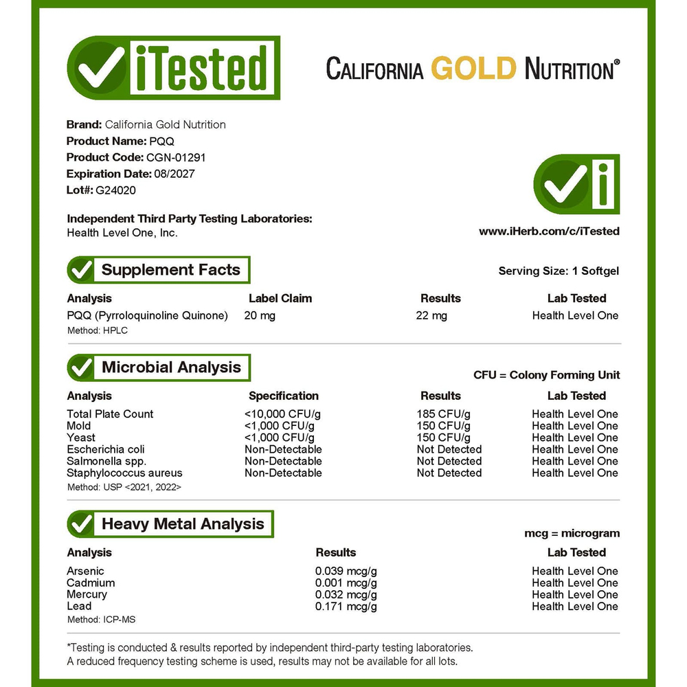 California Gold Nutrition, пирролохинолинхинон, 20 мг, 30 растительных капсул