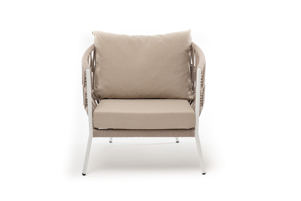 "Диего" кресло плетеное из роупа, каркас алюминий белый муар, роуп бежевый круглый, ткань бежевая 052