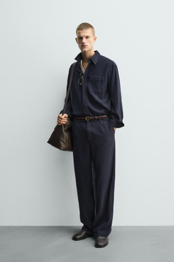 ZARA БРЮКИ RELAXED FIT ИЗ СТРУЯЩЕЙСЯ ТКАНИ, МОРСКОЙ СИНИЙ