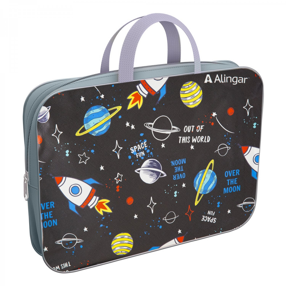 Папка с ручками 1 отделение, А4 260х340х80 мм, Alingar, ПВХ, ручки тесьма, дизайн с одной стороны, молния сверху, внутр. карман, "Среди планет"