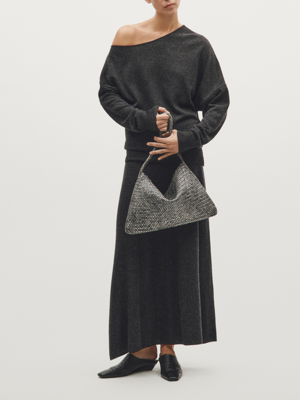 Massimo Dutti Большая плетеная сумка из кожи наппа, серый