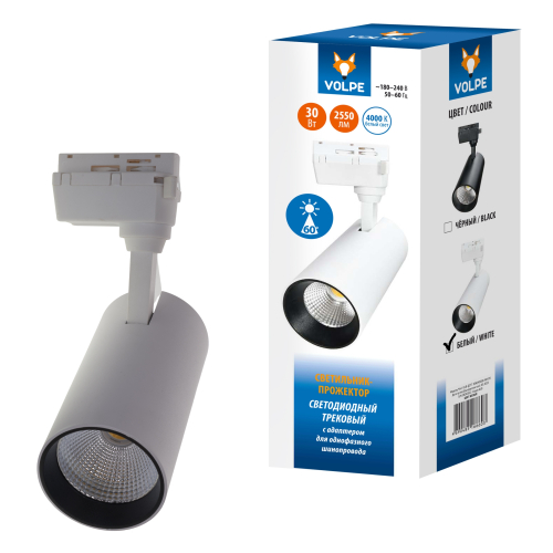 ULB-Q277 30W/4000К WHITE Светильник-прожектор светодиодный трековый. 2300 Лм. Белый свет (4000К). Корпус белый. ТМ Volpe