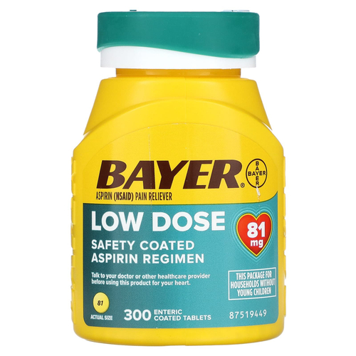 Bayer, Безопасный прием аспирина, низкая доза, 81 мг, 300 таблеток, покрытых кишечнорастворимой оболочкой