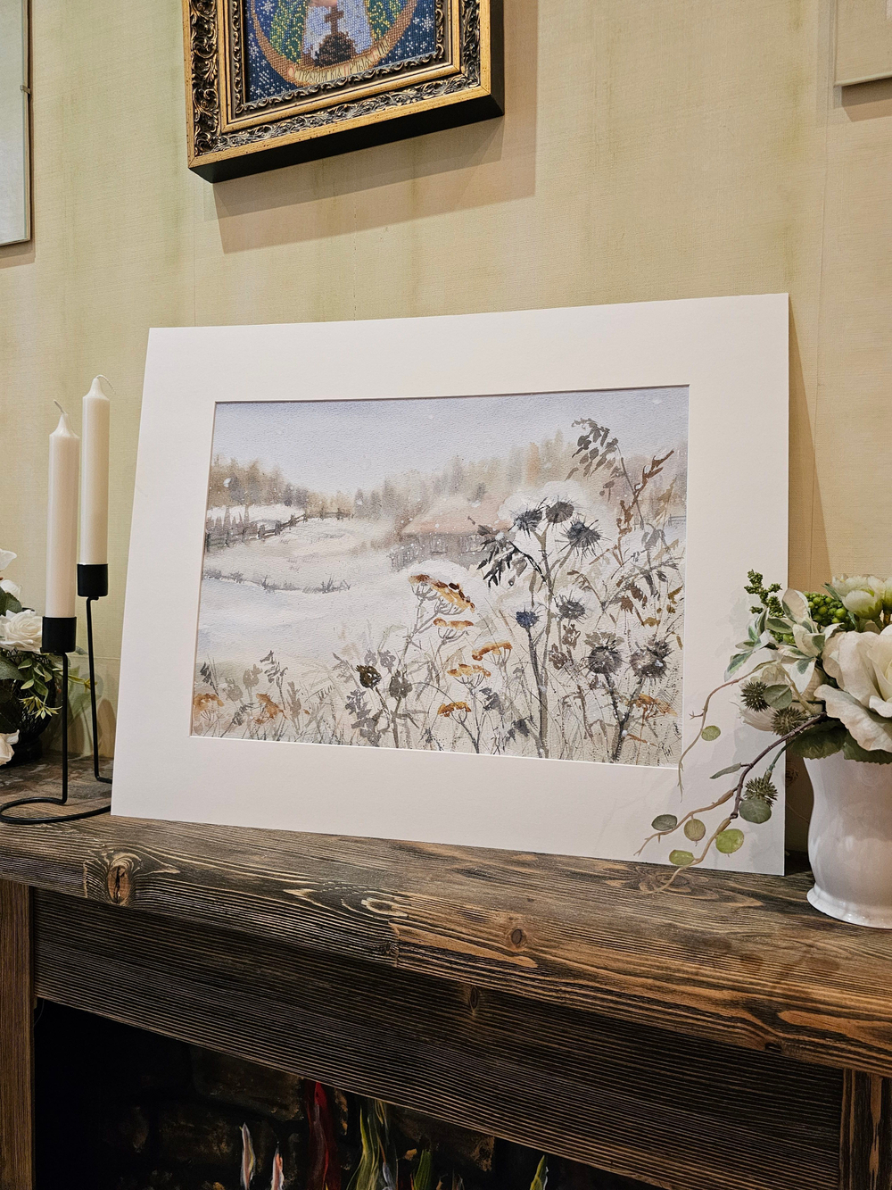 Картина авторская акварельная в паспарту 40х50 см на стену для интерьера "А за околицей..."