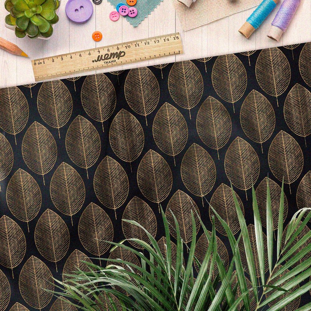 Ткань габардин бронзовые листья на чёрном фоне