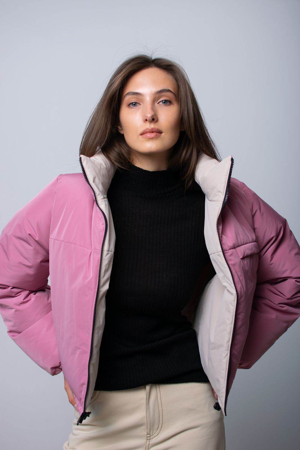 Пуховик Alexandra Talalay Short двухсторонний AW016 беж/пурпурно-розовый