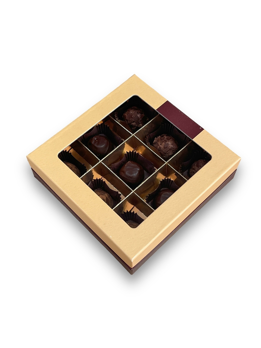 Коробка для конфет ПРЕМИУМ с большим окном 160*160*45 (9) (шоколадно-бежевая/золото)