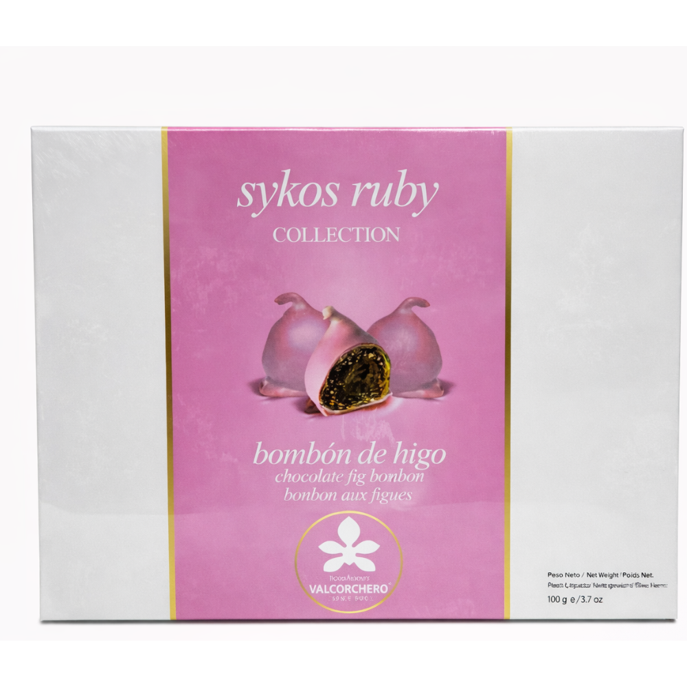 Конфеты Valcorchero Sykos Blanc с инжиром в рубиновом шоколаде с начинкой из фундучного крема 165 гр