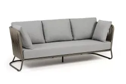 "Багамы" диван 3-местный плетеный из роупа, каркас алюминий бежево-серый (RAL7006) муар, роуп серо-коричневый 23мм, ткань светло-серая