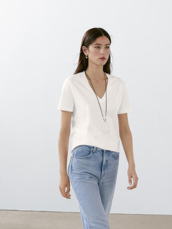 Massimo Dutti Футболка из 100% хлопка с V-образным вырезом, белый