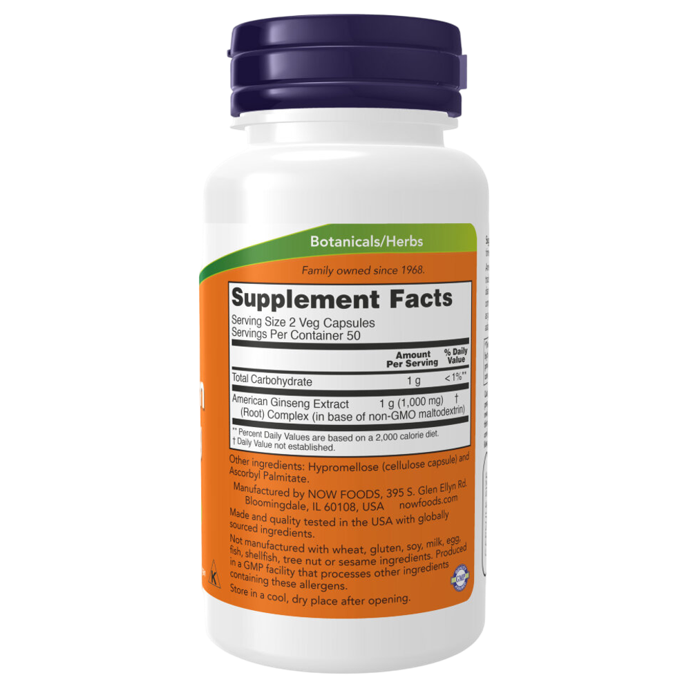 Now Foods American Ginseng 500 mg 100 veg capsules, Корень женьшеня американского, Женьшень