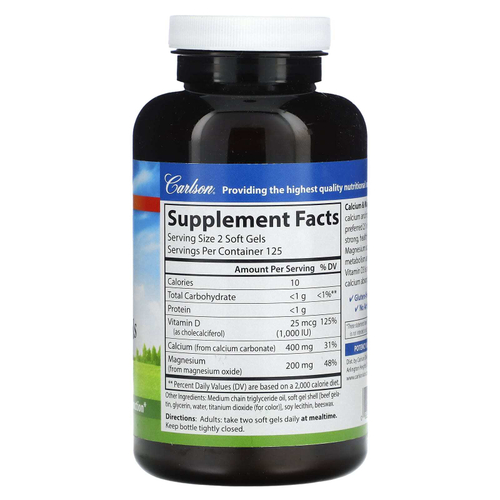 Carlson, Гели с кальцием и магнием с витамином D3, 250 мягких таблеток