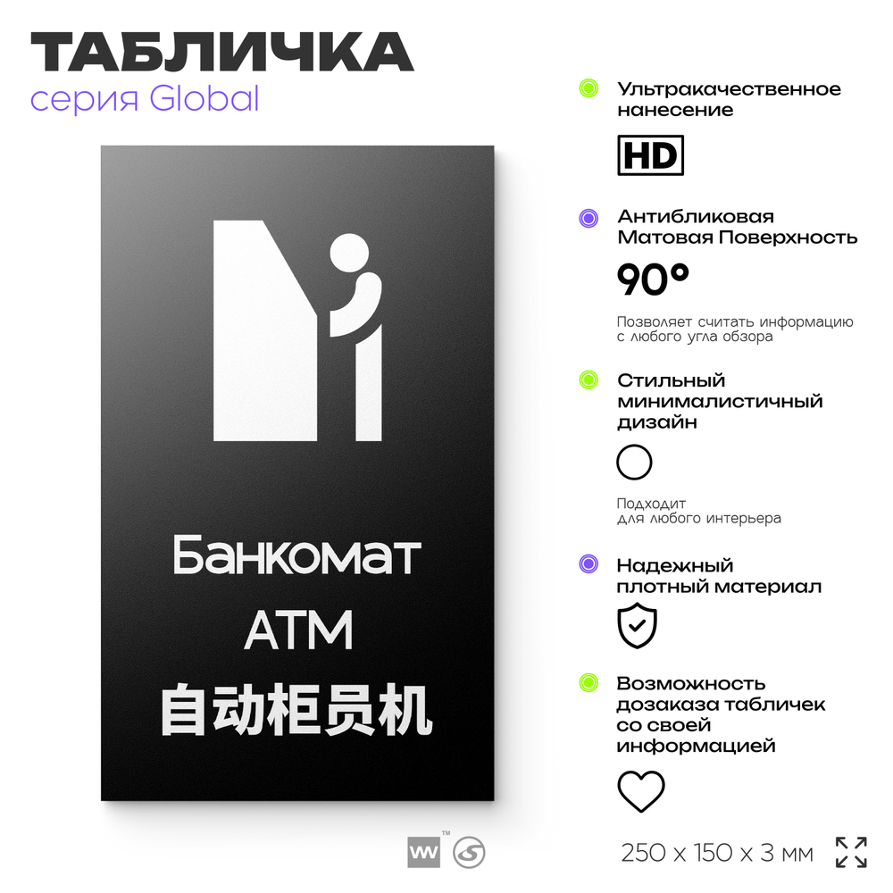 Табличка Банкомат, на дверь и стену, информационная и мультиязычная (русский, английский, китайский), серия GLOBAL, 25х15 см, Айдентика Технолоджи