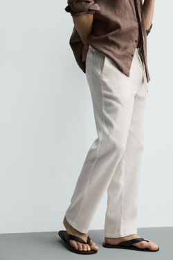 ZARA БРЮКИ RELAXED FIT ИЗ ХЛОПКА И ЛЬНА, ЭКРЮ