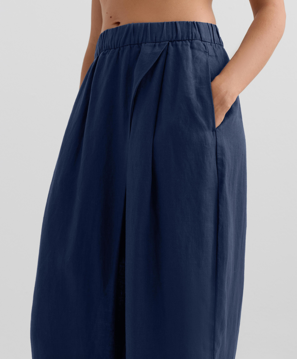 OYSHO Широкие прямые брюки из 100% льна с перекрестным кроем спереди, военно-морской