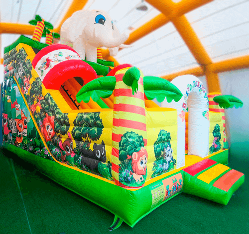 Детский надувной батут-горка "Слоник в джунглях" с прямым скатом 7*5*6 м