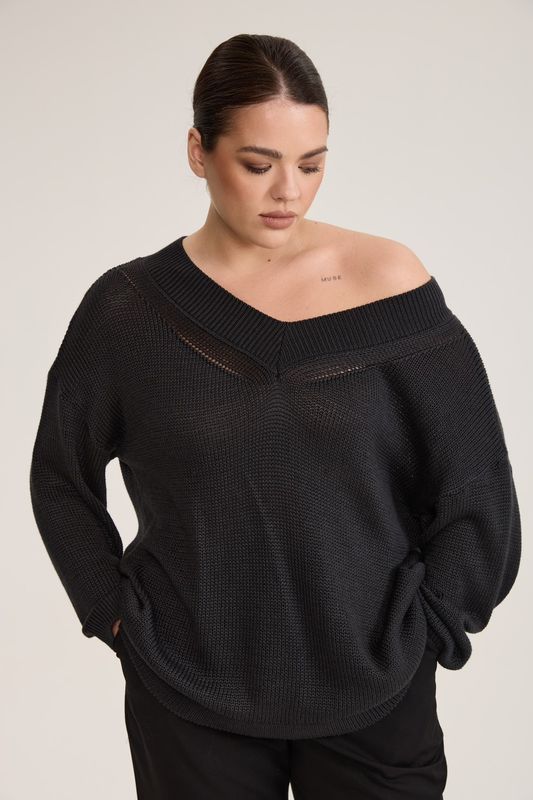 Джемпер вязаный на одно плечо, темно-серый