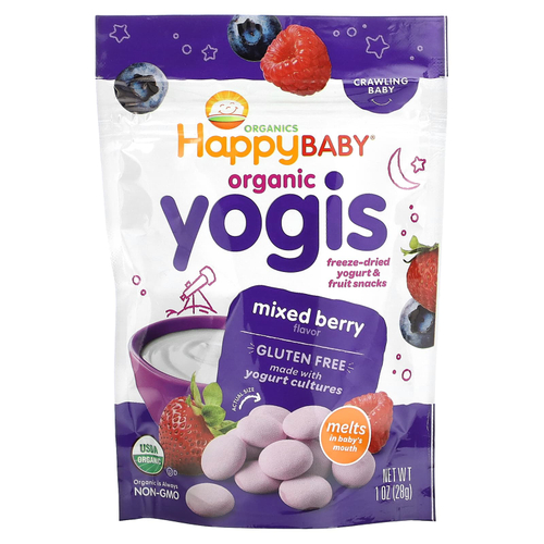 Happy Family Organics, Happy Baby, Organic Yogis, органические снеки из сублимированного йогурта с фруктами, ягодное ассорти, 28 г (1 унция)