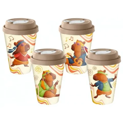 Стакан с крышкой 420мл с декором с клапаном «Капибары» (бежевый)