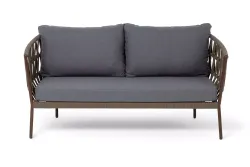 "Диего" диван 2-местный плетеный из роупа, каркас алюминий коричневый (RAL8016) муар, роуп коричневый круглый, ткань темно-серая 027