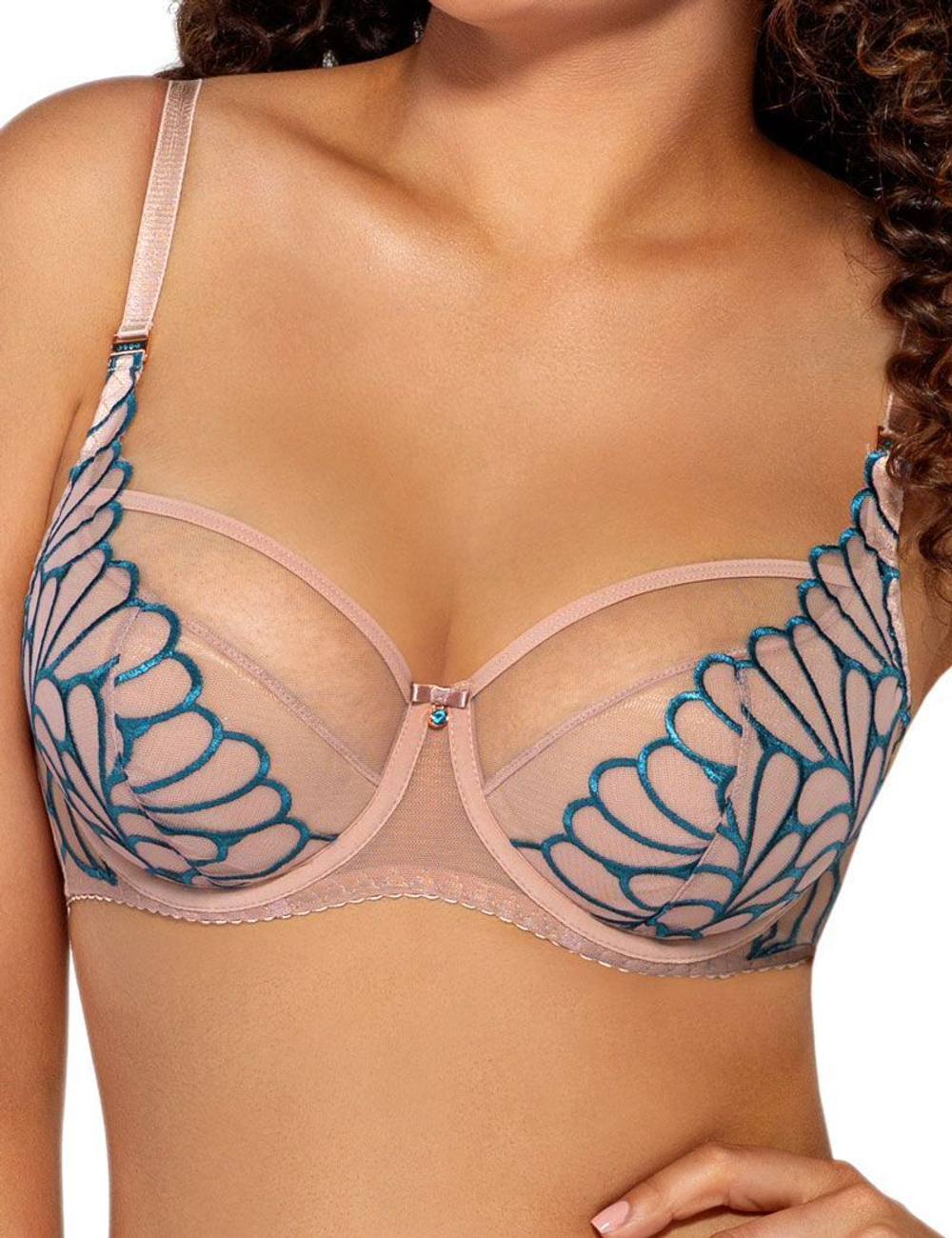 Бюстгальтер на косточках с контрастной бирюзовой вышивкой (Размер: 90E) (Цвет: телесный)