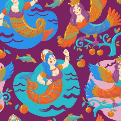 Жар-птицы и русалки на пурпурном