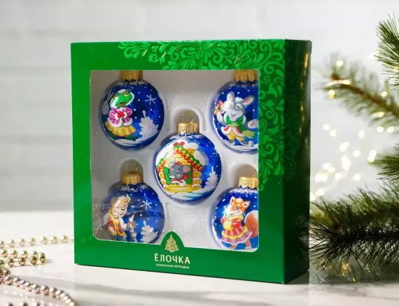 Набор стеклянных шаров Теремок 5 шт., 60 мм., синий, Ёлочка (С2392/2)