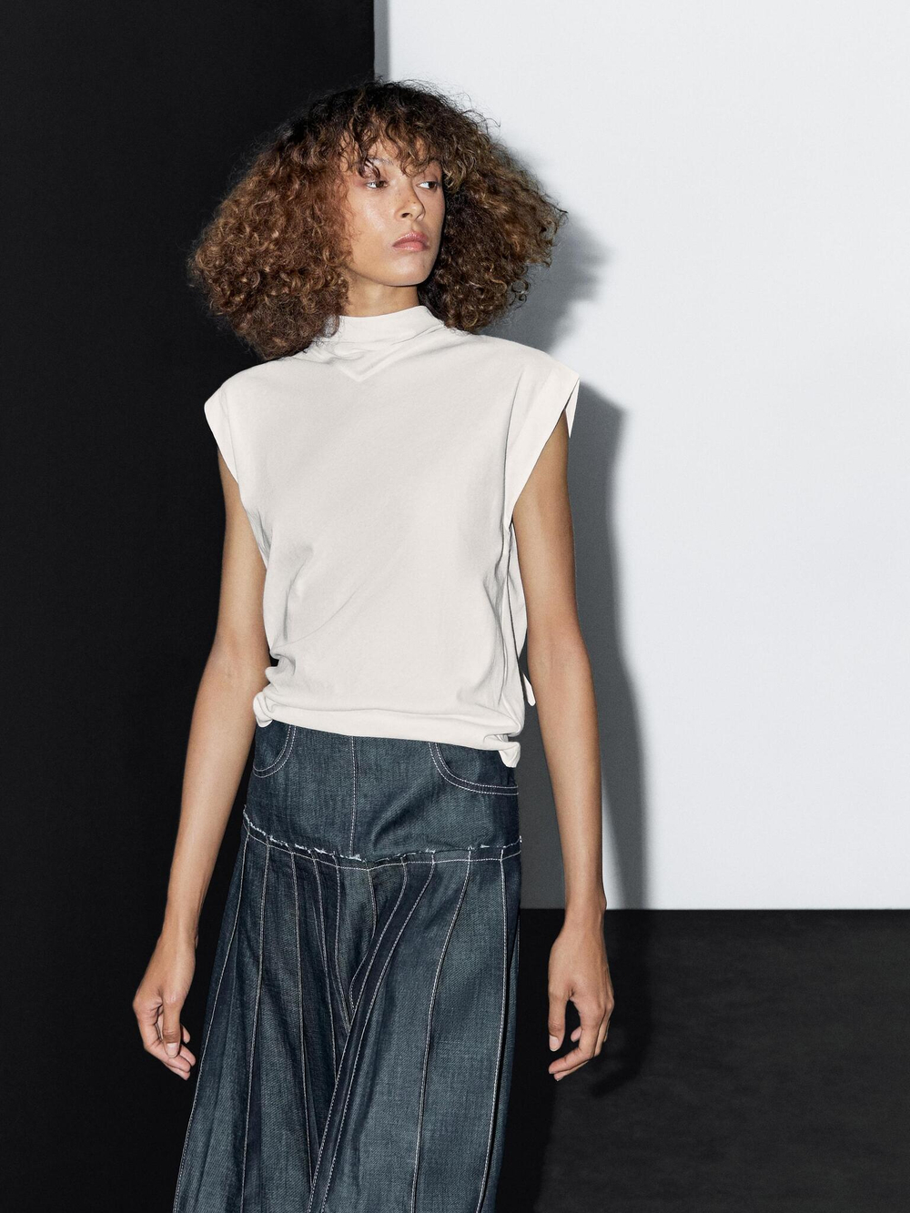 Massimo Dutti Джинсовая юбка миди с плиссировкой, темно-серый