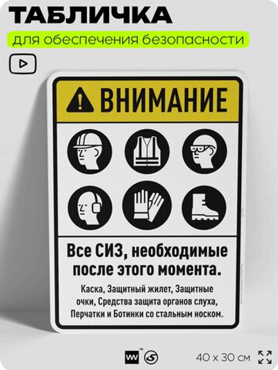Табличка для обеспечения безопасности "Все СИЗ необходимые с этого момента", для производства, предприятия, организаций, 40х30 см, Silver Plane x Айдентика Технолоджи