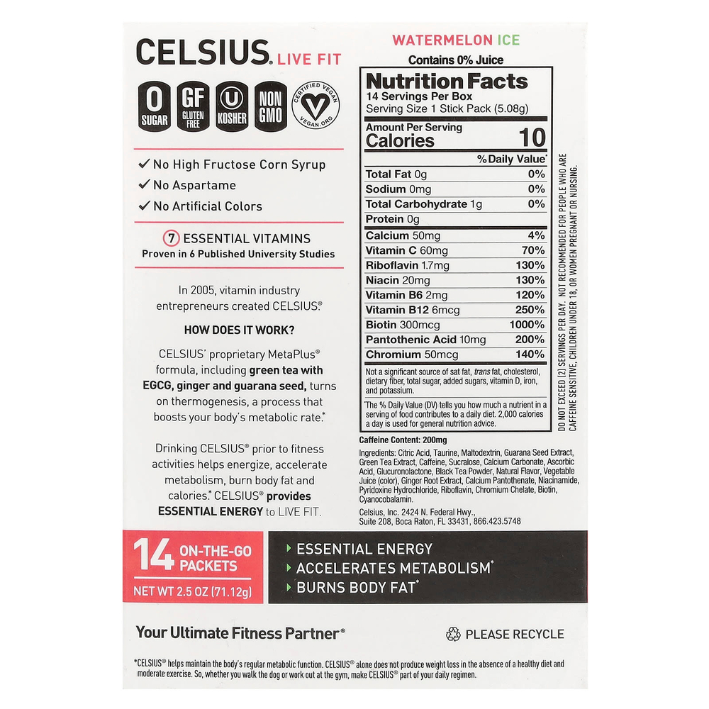 Celsius, Live Fit, арбузный лед, 14 упаковок, готовых к употреблению, по 5,08 г (0,18 унции)